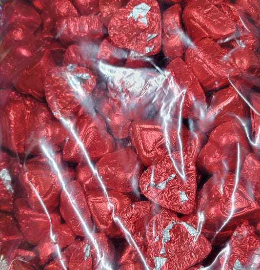 Red Foil wrapped milk chocolate hearts- 1lb bag